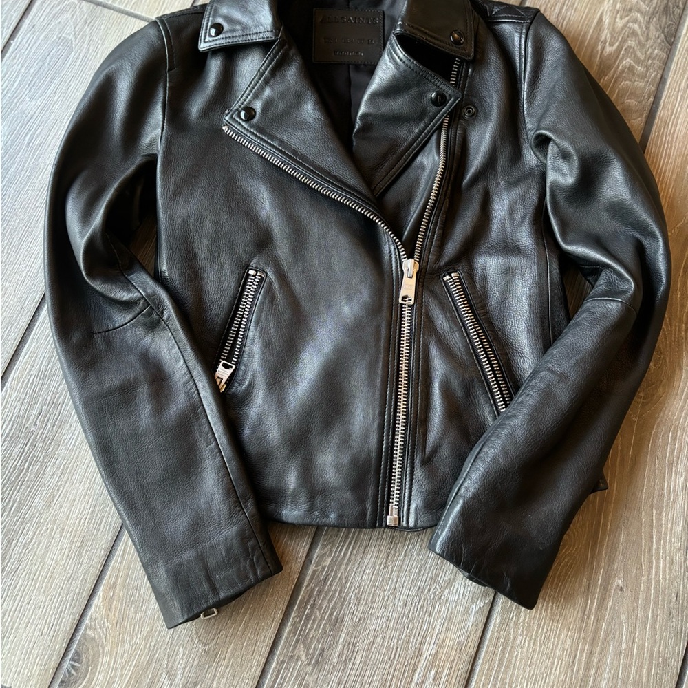 All Saints Black Leather Biker Jacket with Wide Lapel